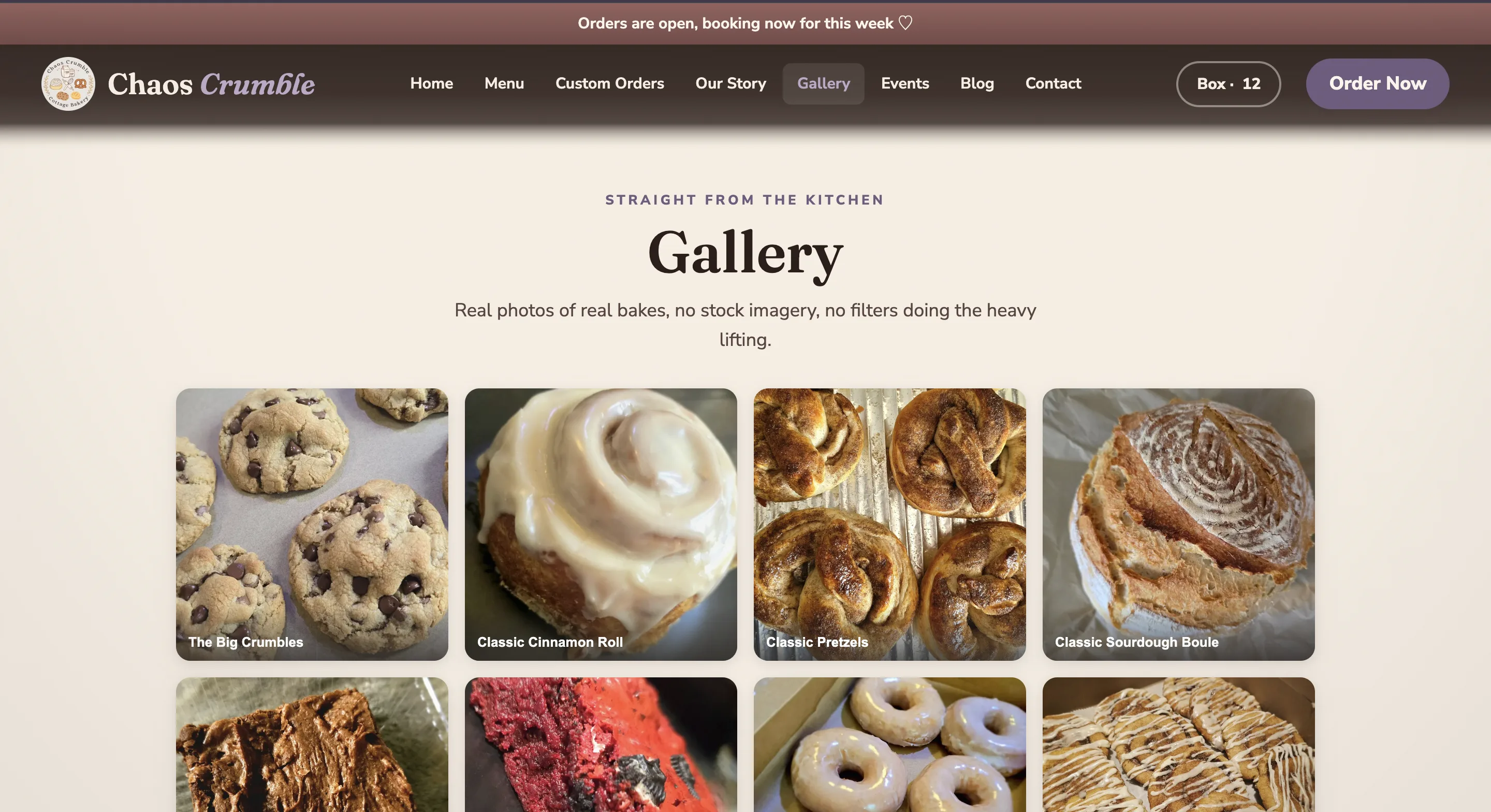 Chaos Crumble gallery page with real bakery photos