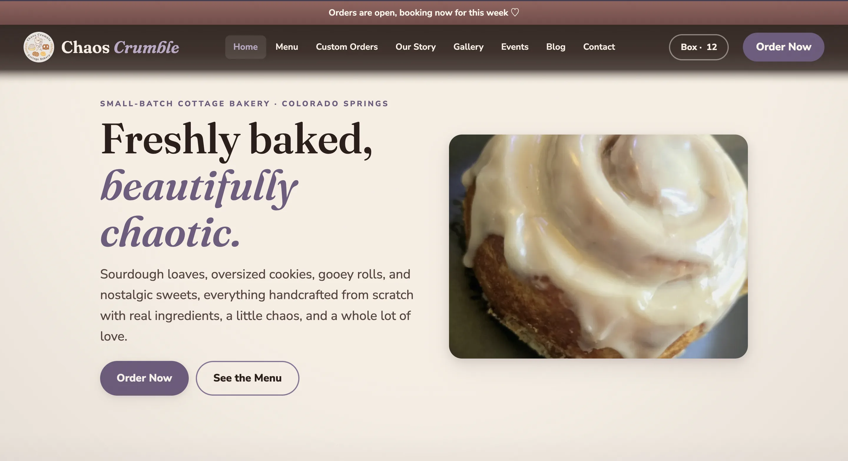 The first Chaos Crumble build: a cream, daylight bakery home page