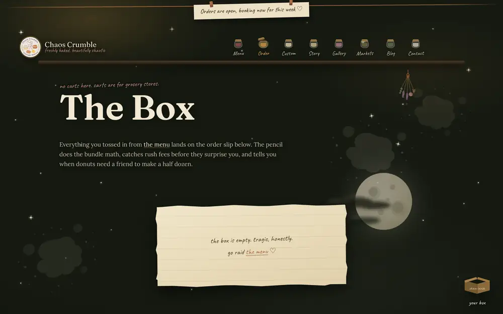 Chaos Crumble order page, The Box, with a handwritten order slip that reads: the box is empty, tragic honestly, go raid the menu