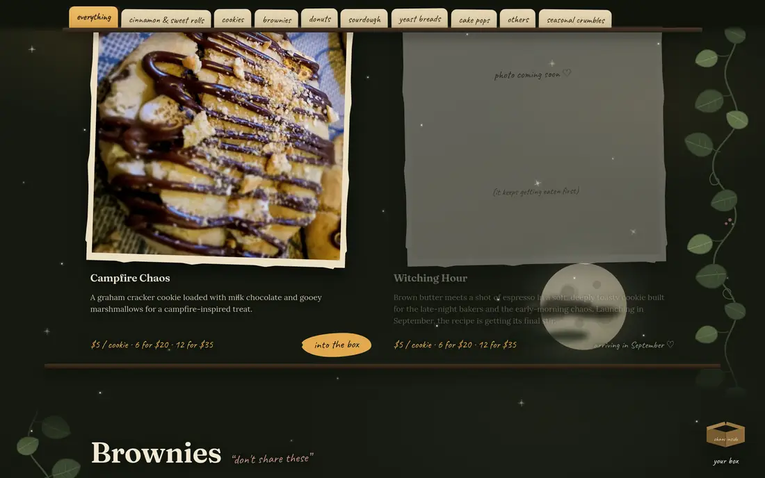 Chaos Crumble menu showing Witching Hour dormant with photo coming soon and arriving in September, next to Campfire Chaos available now