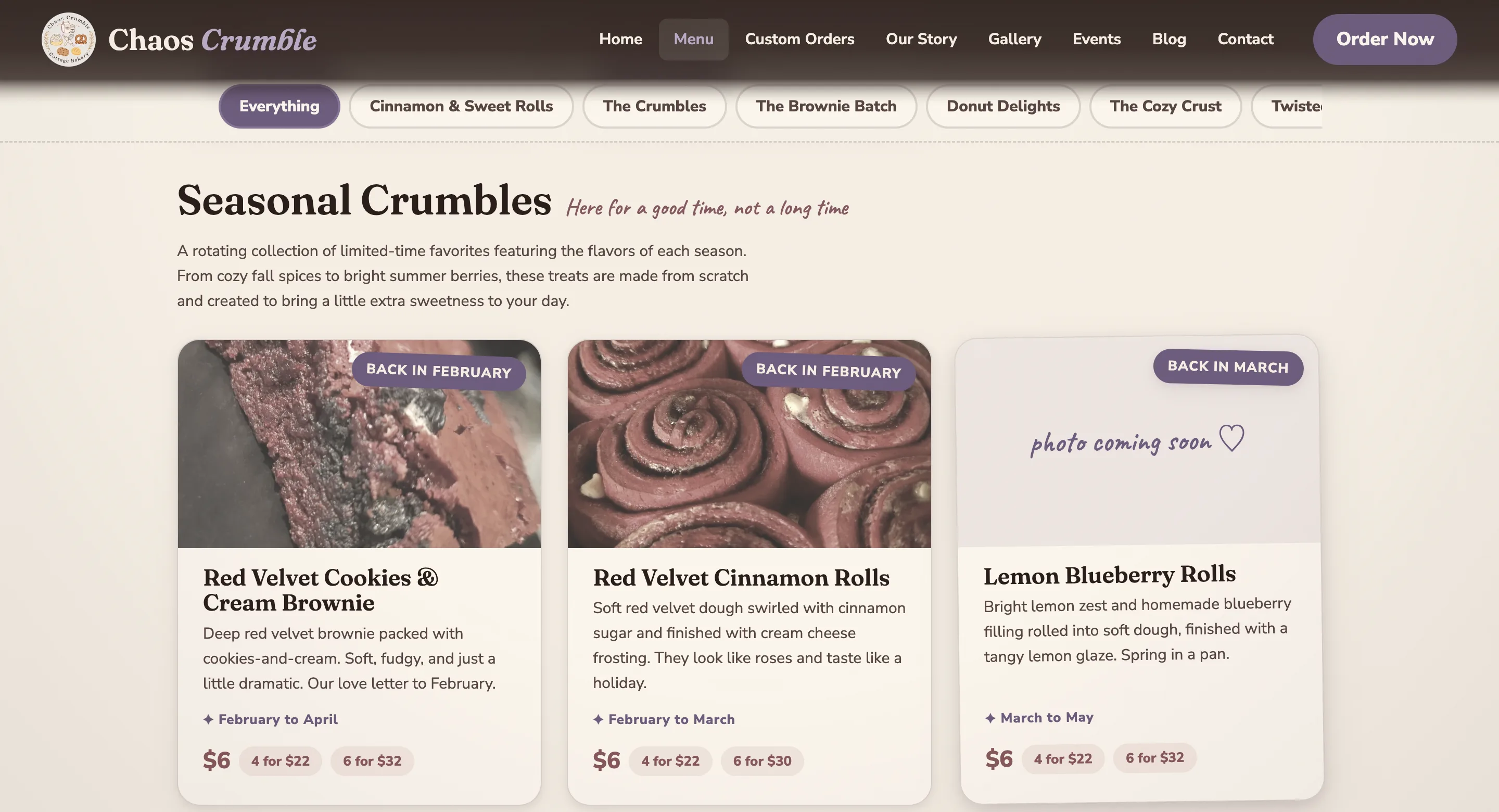 Chaos Crumble seasonal menu section showing items resting with their return dates