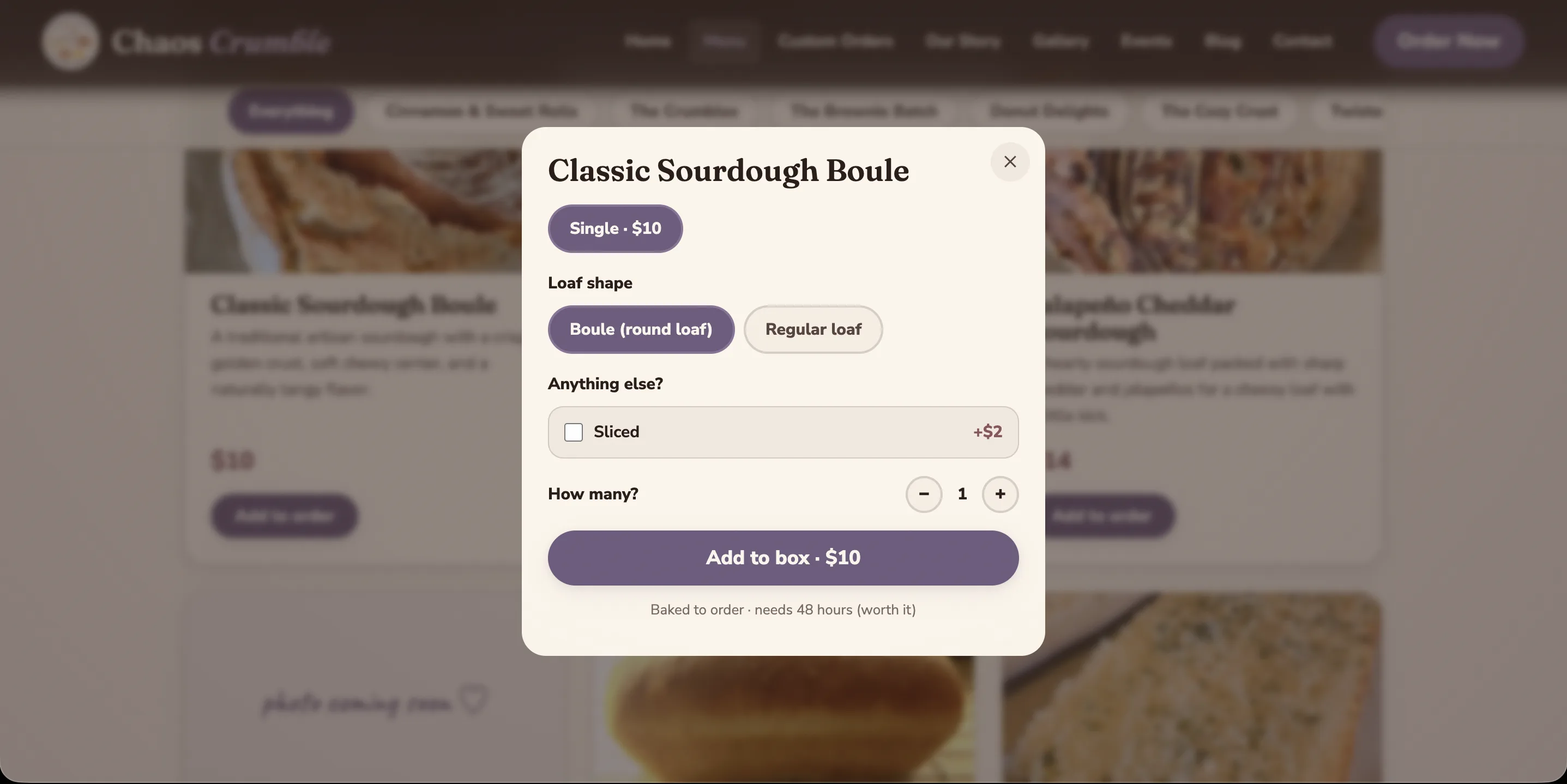 Chaos Crumble product options showing boule versus regular loaf and the sliced add-on