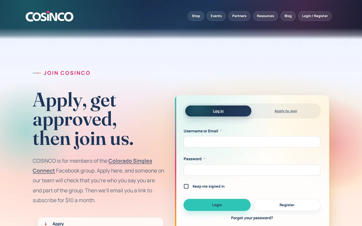 The COSINCO member access page: the heading One calm place to join, verify, and subscribe, a note that subscriptions are for approved Facebook group members, and a log in panel with a tab to apply