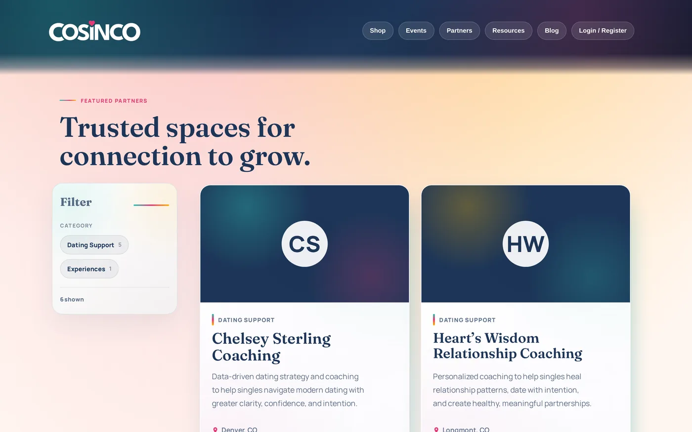The COSINCO Partners directory: a filter panel with Dating Support and Experiences on the left, and two partner cards, Chelsey Sterling Coaching and Heart’s Wisdom Relationship Coaching, each with a Visit Website button