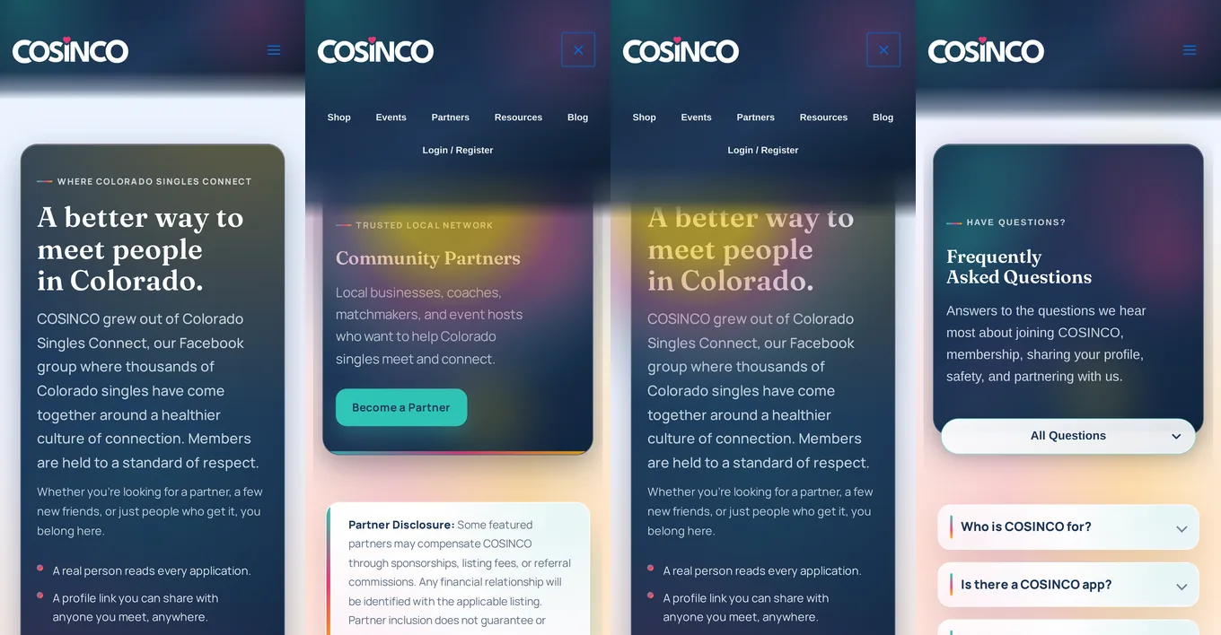 Four phone screens from COSINCO: the home page opening, the Partners page and the home page each with the menu open and the sun glowing beneath it, and the FAQ with its category menu
