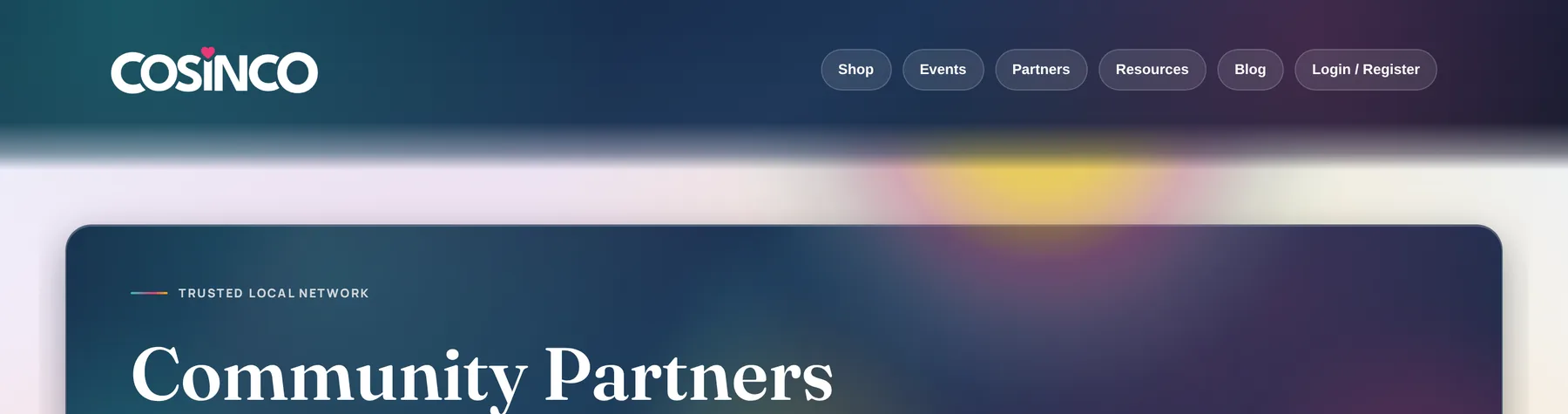 The top of the COSINCO Partners page with the navigation across it, and a gold and magenta sun glowing just under the Partners link