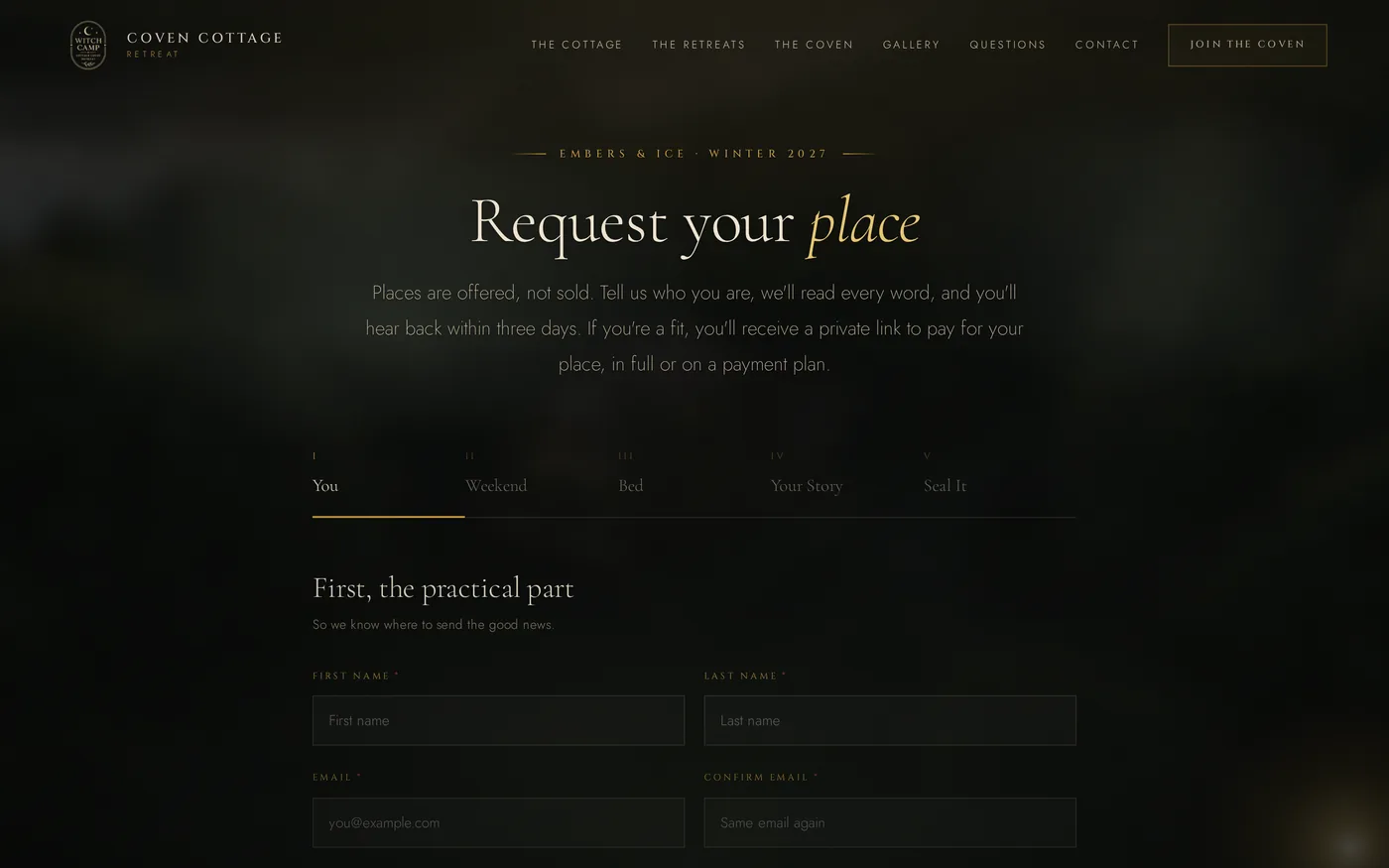 The Coven Cottage application: the heading Request your place, a note that places are offered not sold, five numbered steps from You to Seal It, and the first name and email fields