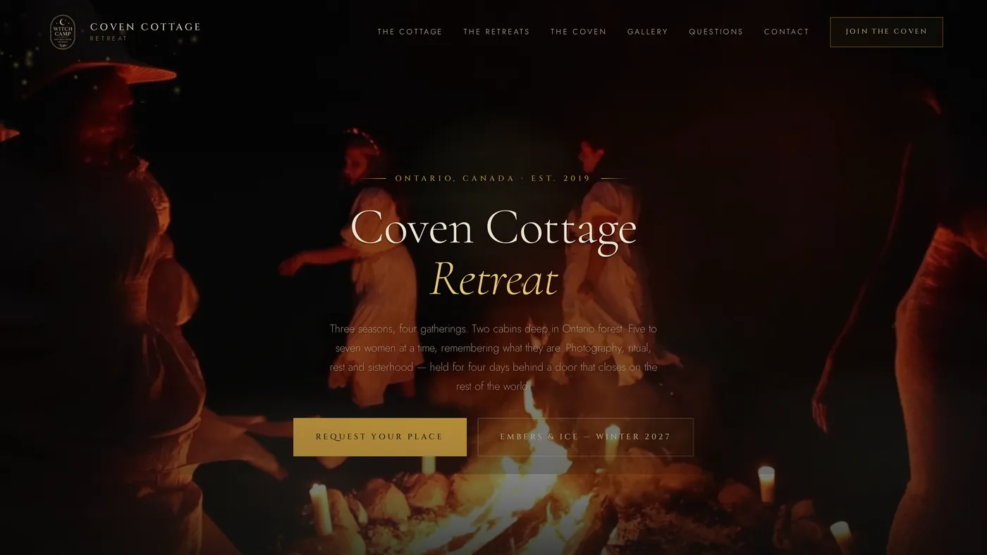 The Coven Cottage Retreat front page: women dancing around a bonfire at night, with the name in gold and cream serif type and a Request your place button