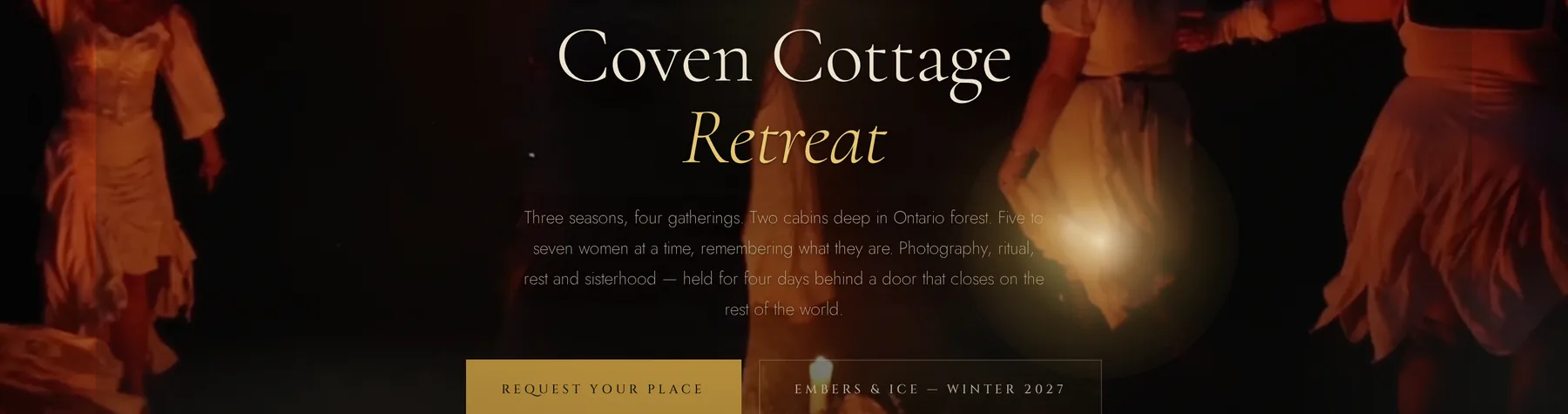 The Coven Cottage front page at night, with the carried light glowing warm over the photograph of women dancing around a bonfire