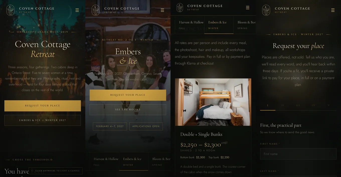 Four phone screens from Coven Cottage Retreat: the front page, the Embers and Ice page, choosing a bed, and the first step of the application