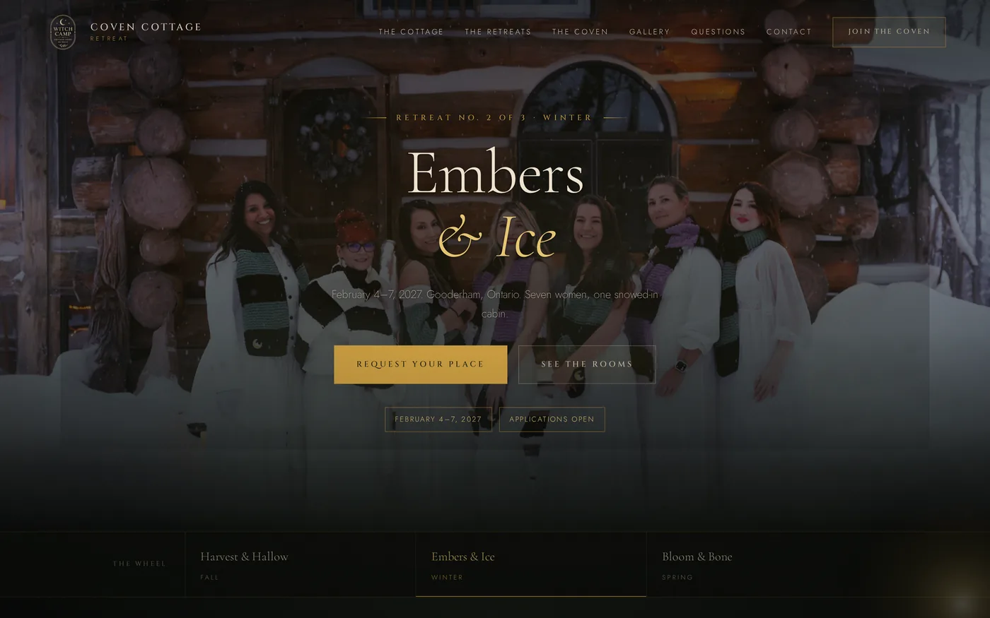 The Embers and Ice retreat page: women in matching scarves standing in the snow in front of a log cabin, with Request your place and See the rooms buttons and the three seasons listed along the bottom