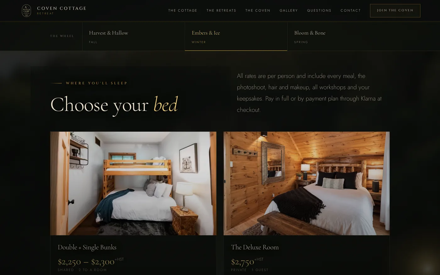 The Embers and Ice rooms: Choose your bed, with photos of a bunk room and a log-walled deluxe room, each with its prices plus HST