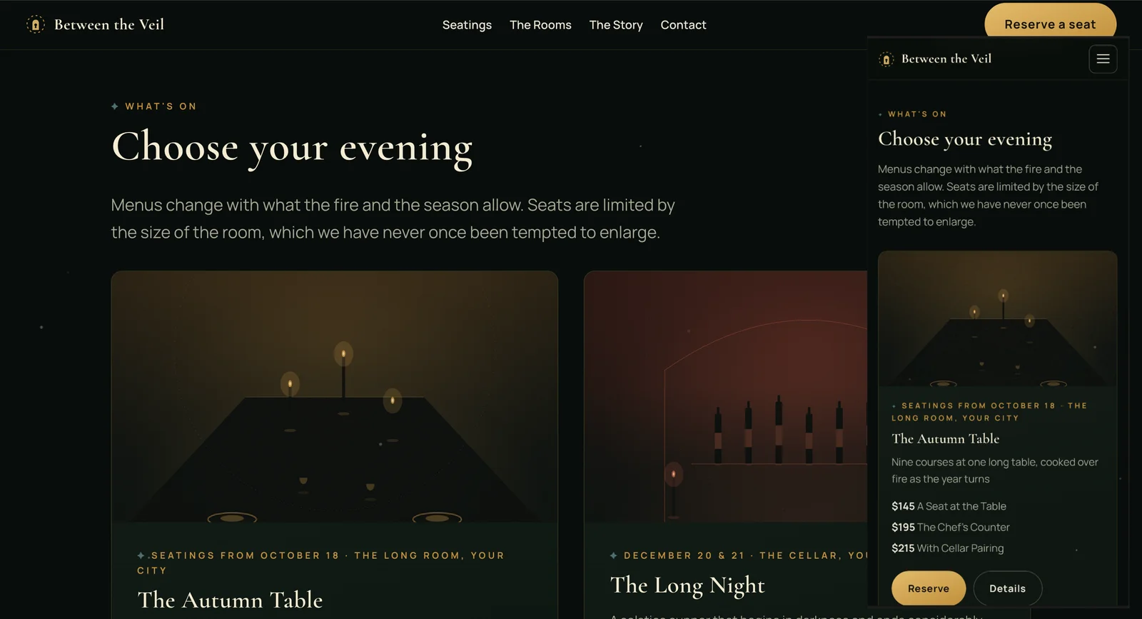 Between the Veil one-of-a-kind website demo for immersive dining · supper club businesses