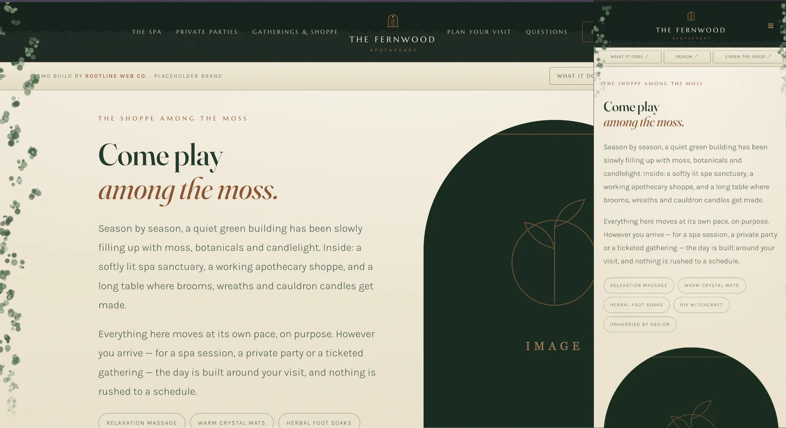 Fernwood Apothecary one-of-a-kind website demo for spa · apothecary · ritual workshops businesses