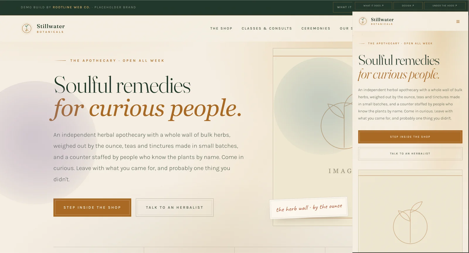 Stillwater Botanicals one-of-a-kind website demo for herbal apothecary · shop · classes businesses